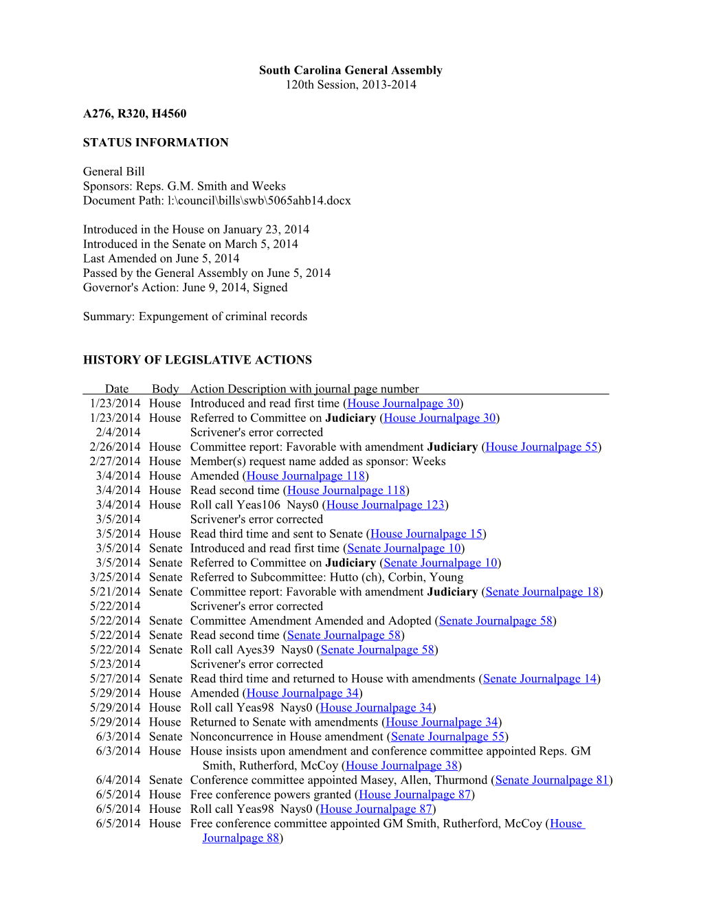 2013-2014 Bill 4560: Expungement of Criminal Records - South Carolina Legislature Online