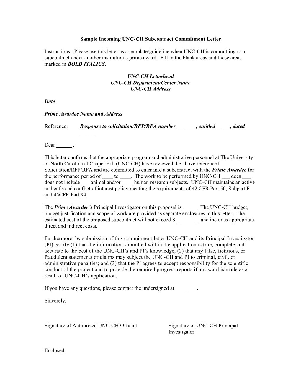 Sample Outgoing UNC-CH Subcontract Commitment Letter