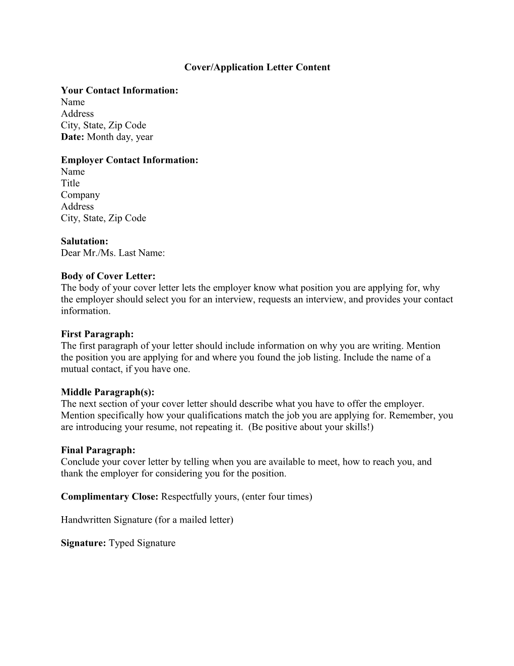 Cover/Application Letter Content