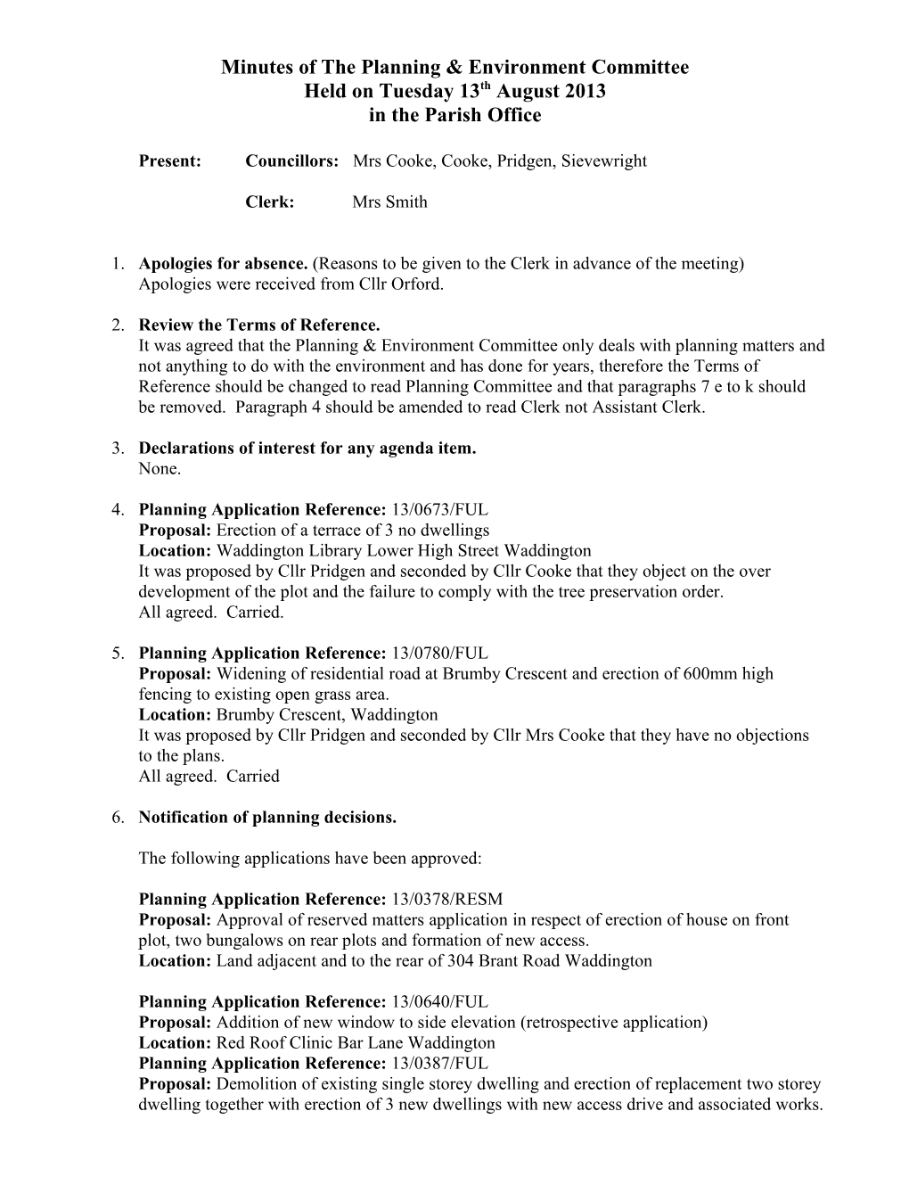 Minutes of the Planning & Environment Committee