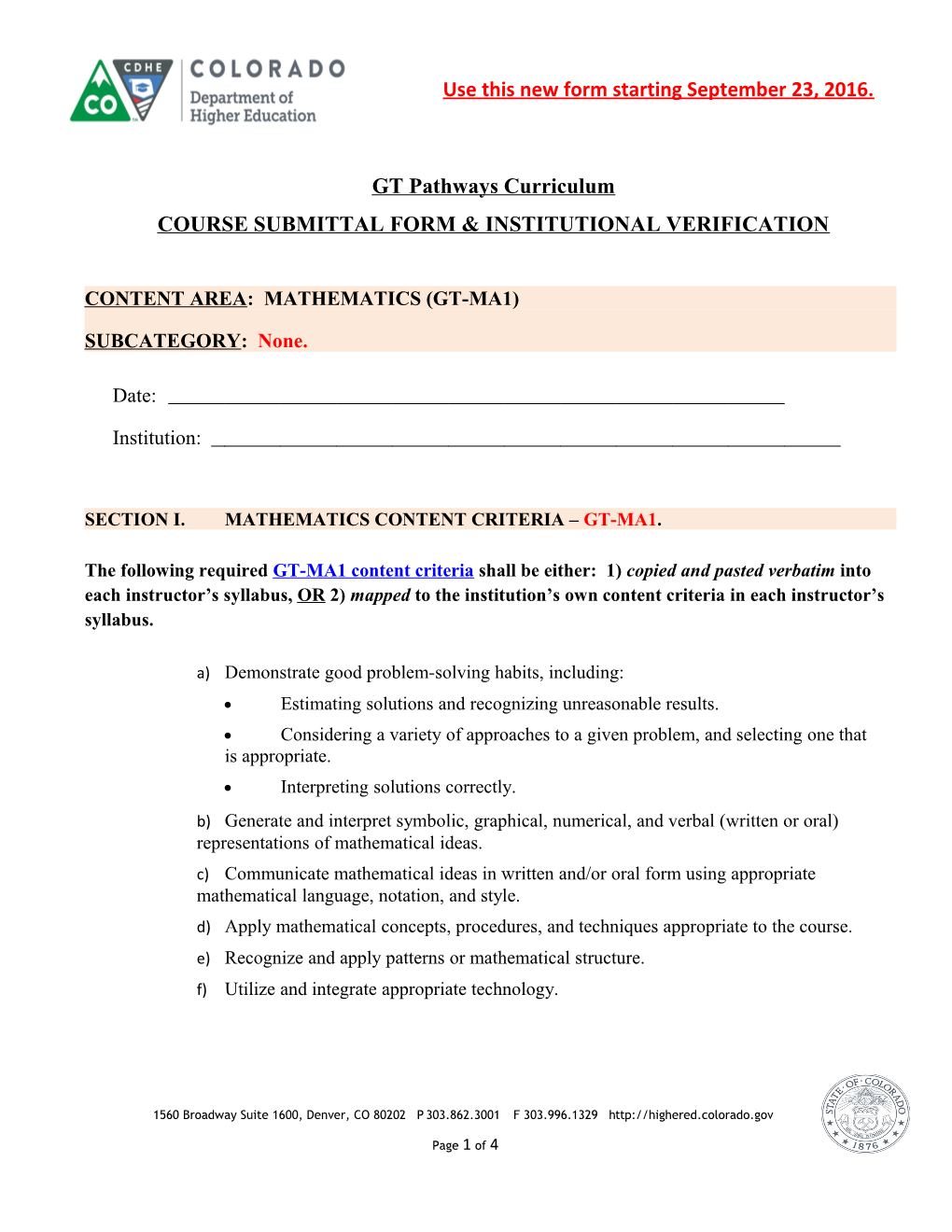 Course Submittal Form & Institutional Verification