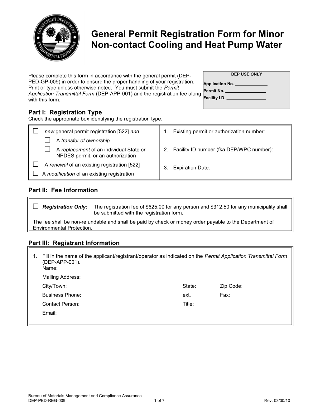 General Permit Registration Form For Minor Non-Contact Cooling And Heat Pump Water