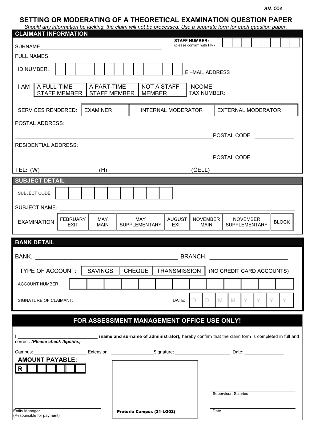 Claim Form for the Setting Or Moderating of a Theoretical Examination Question Paper