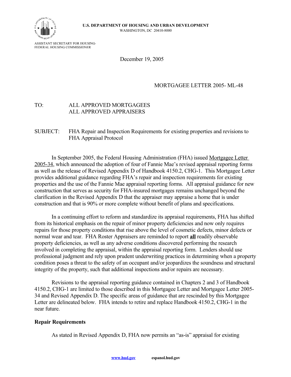 Mortgagee Letter 2005- Ml-48