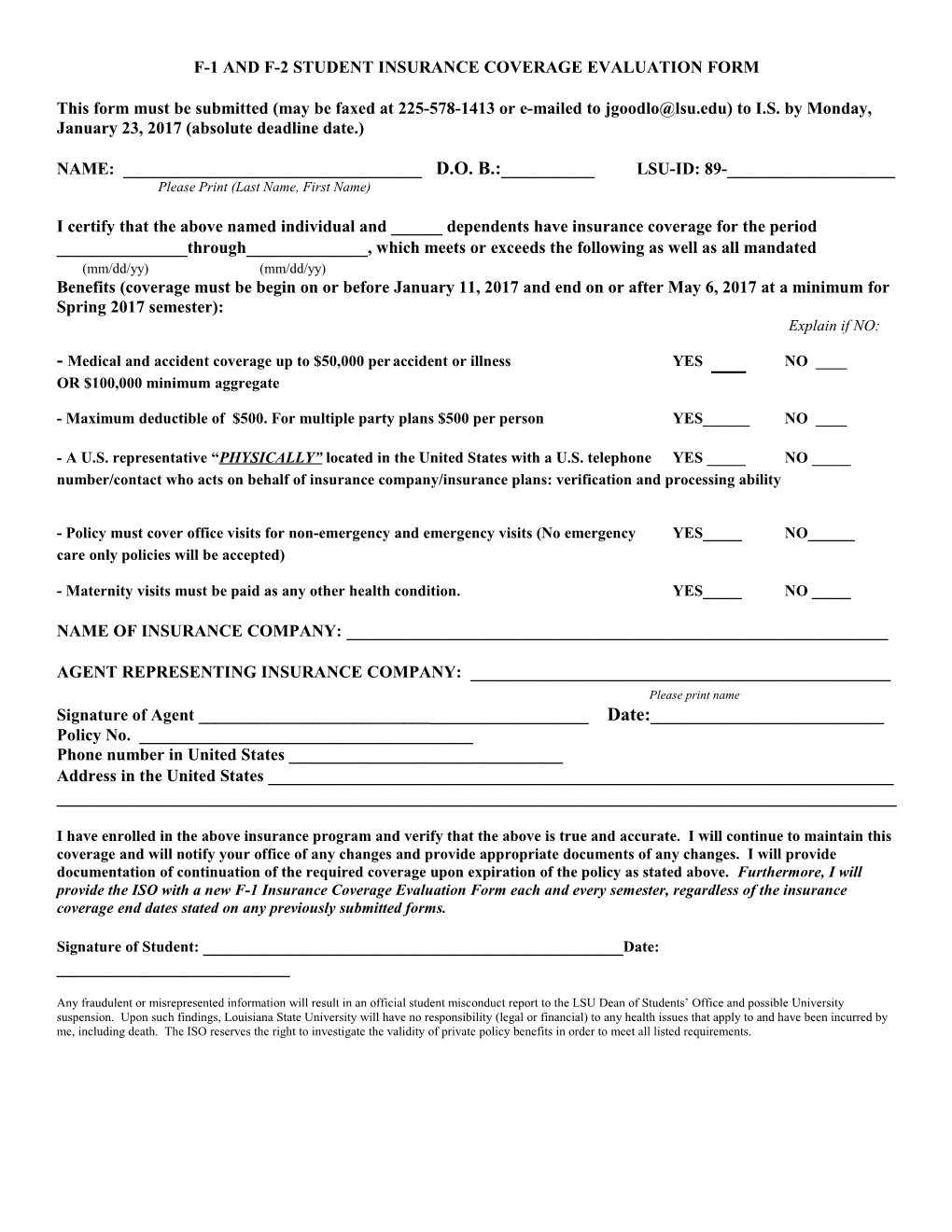 F-1 and F-2 Student Insurance Coverage Evaluation Form