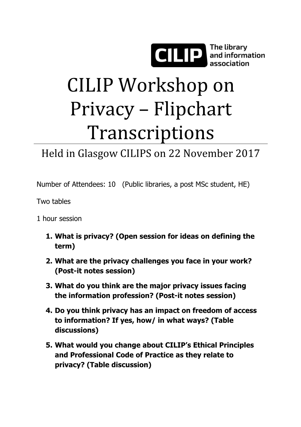 CILIP Workshop on Privacy Flipchart Transcriptions