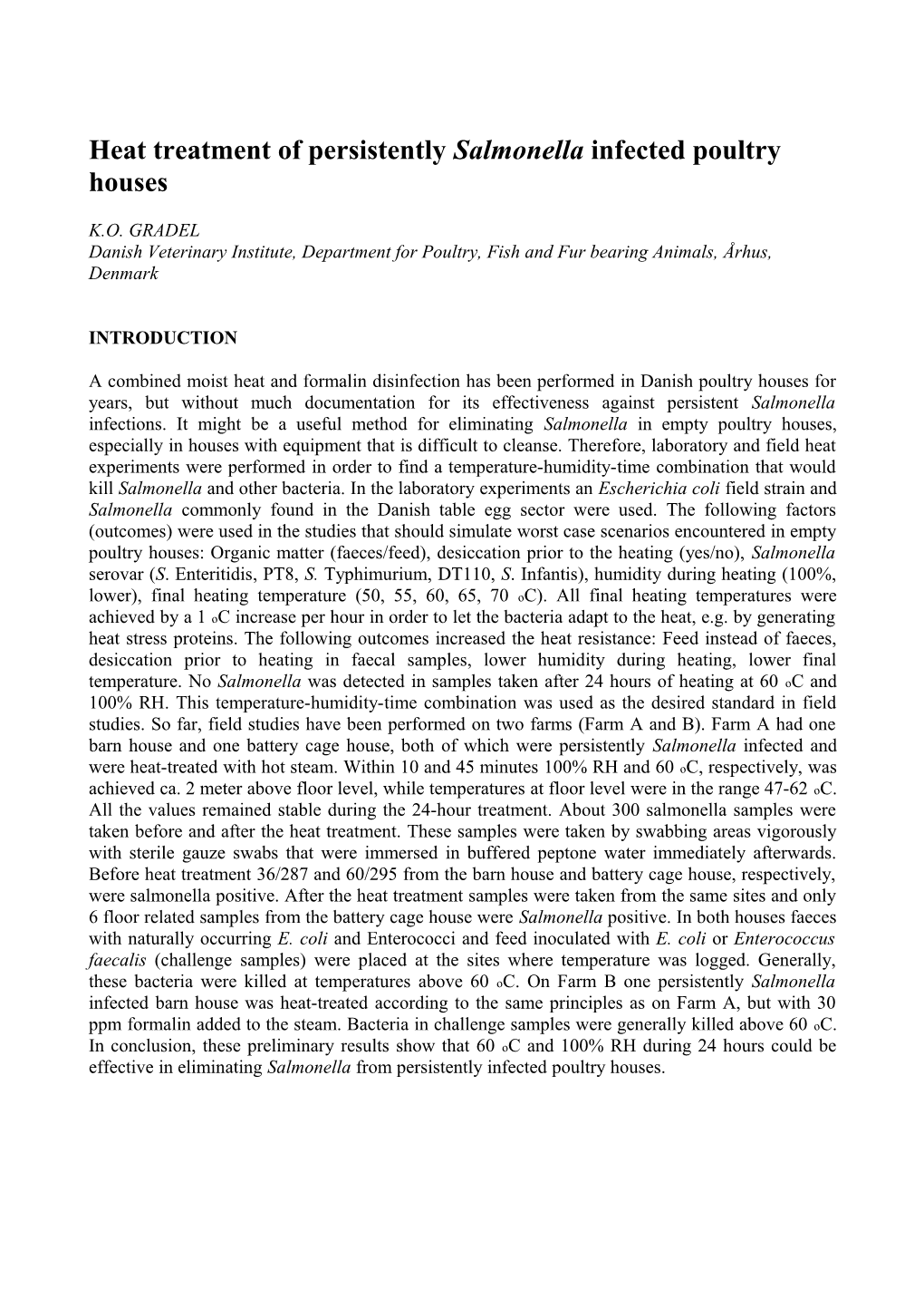 Heat Treatment of Persistently Salmonella Infected Poultry Houses