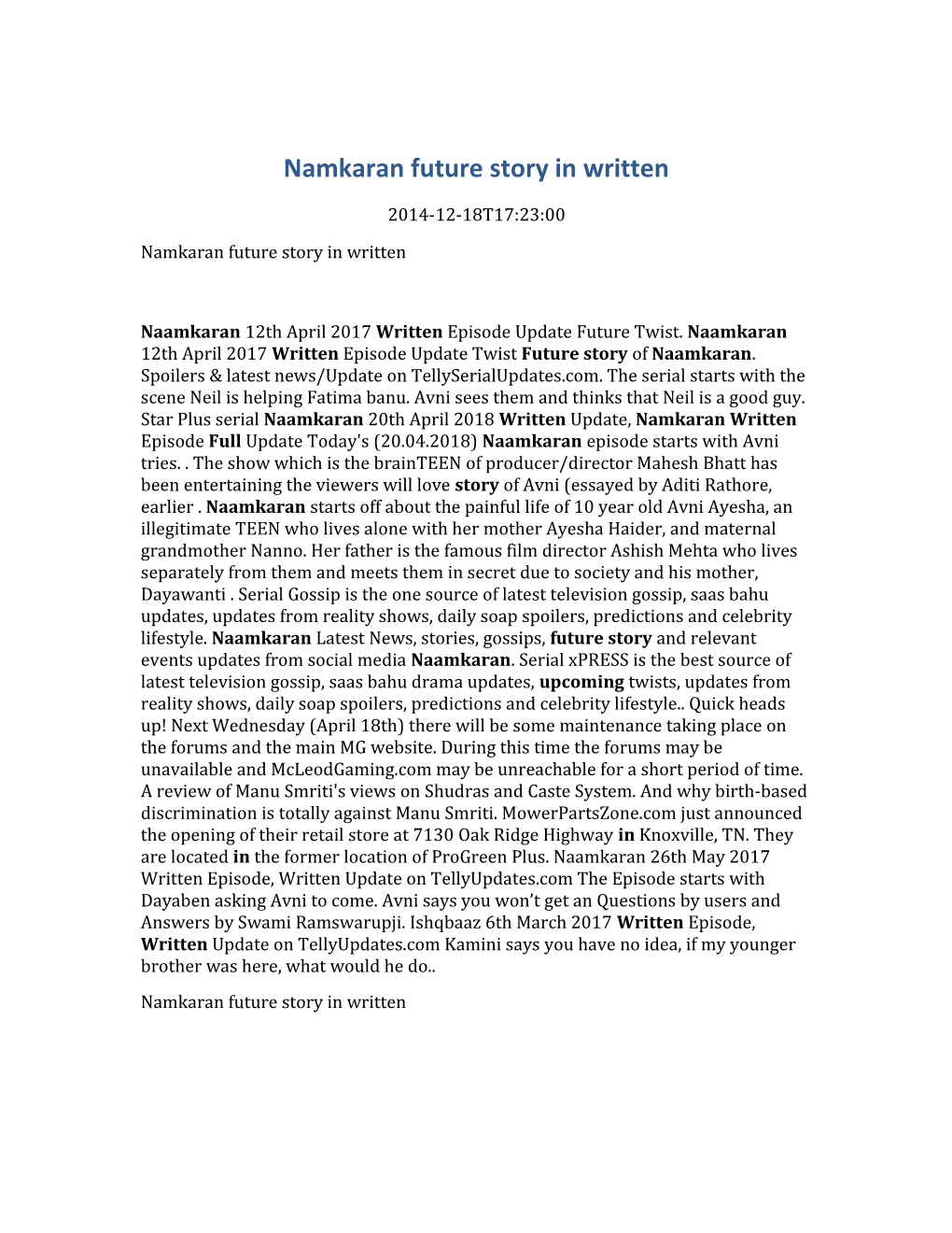 Namkaran Future Story in Written