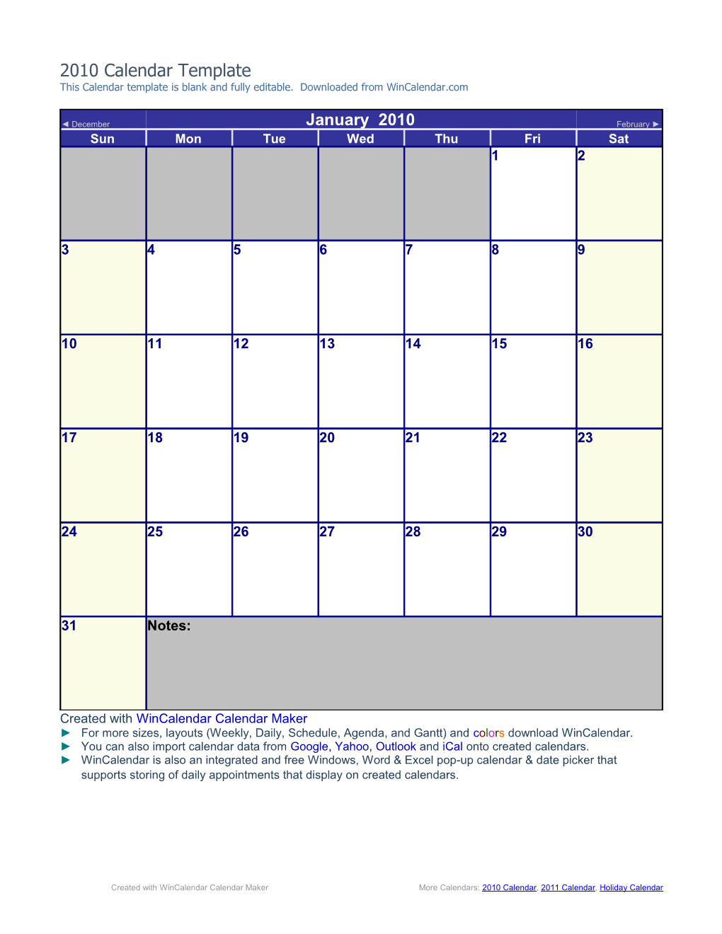 Blank 2010 Monthly Calendar