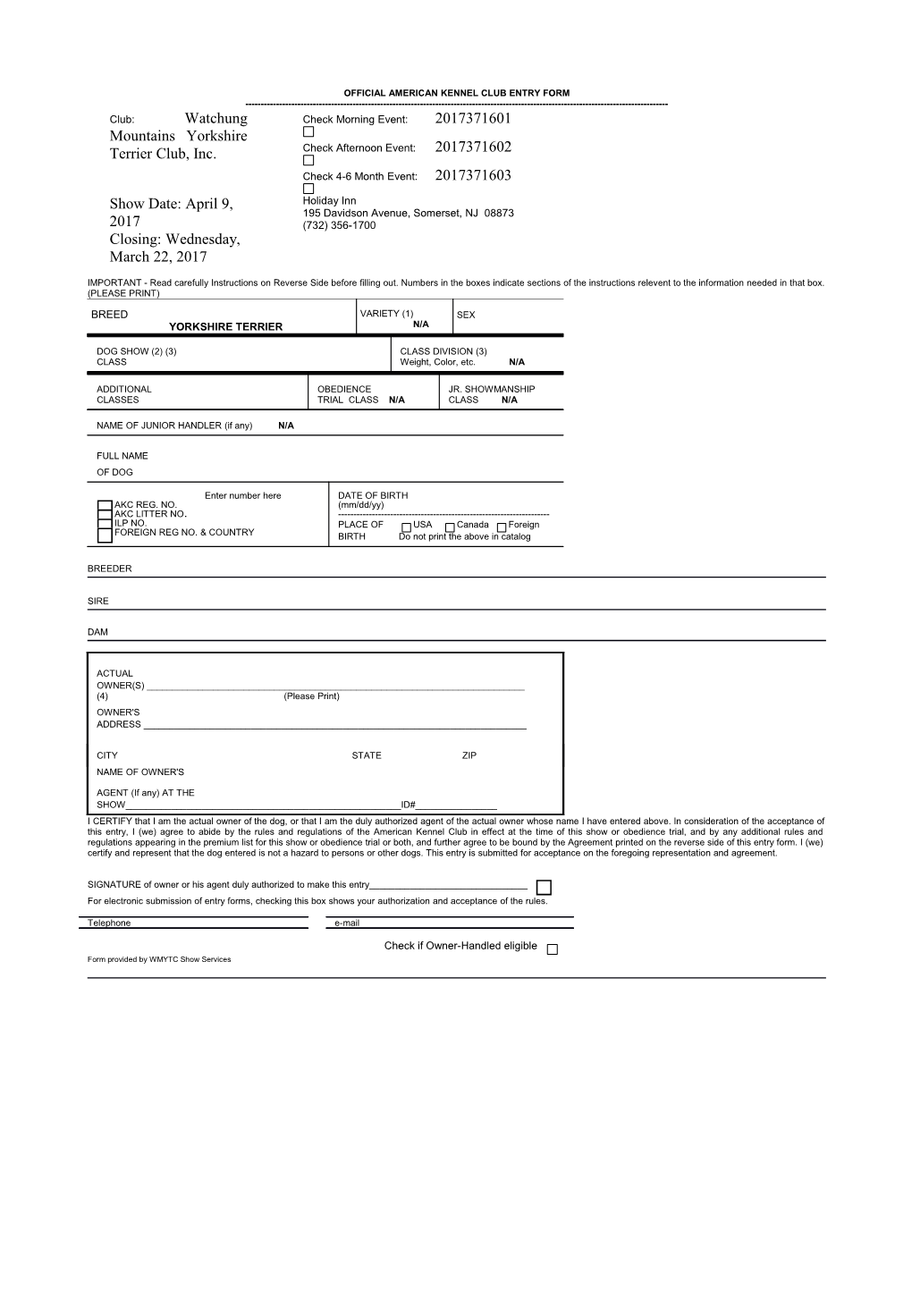 AKC Entry Form