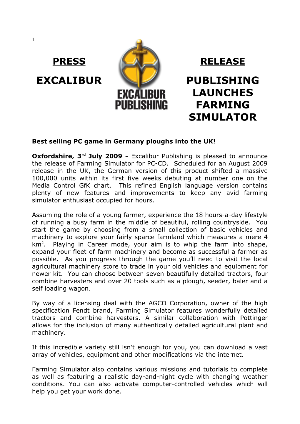 Excalibur Publishing Launches Farming Simulator