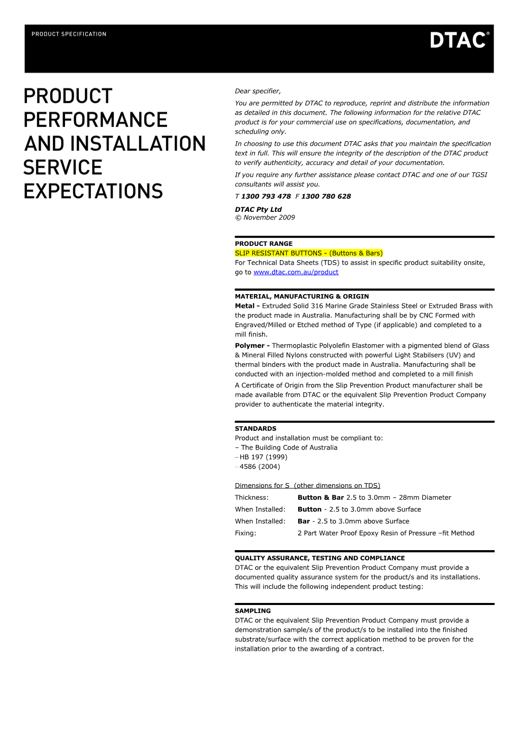 DTAC SRB STAINLESS STEEL BRASS POLYMER Pavement Marker Specification