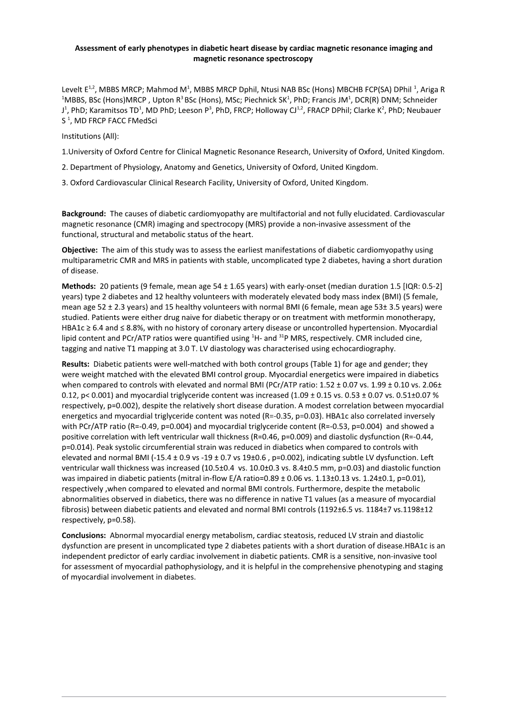 Assessment of Early Phenotypes in Diabetic Heart Disease by Cardiac Magnetic Resonance