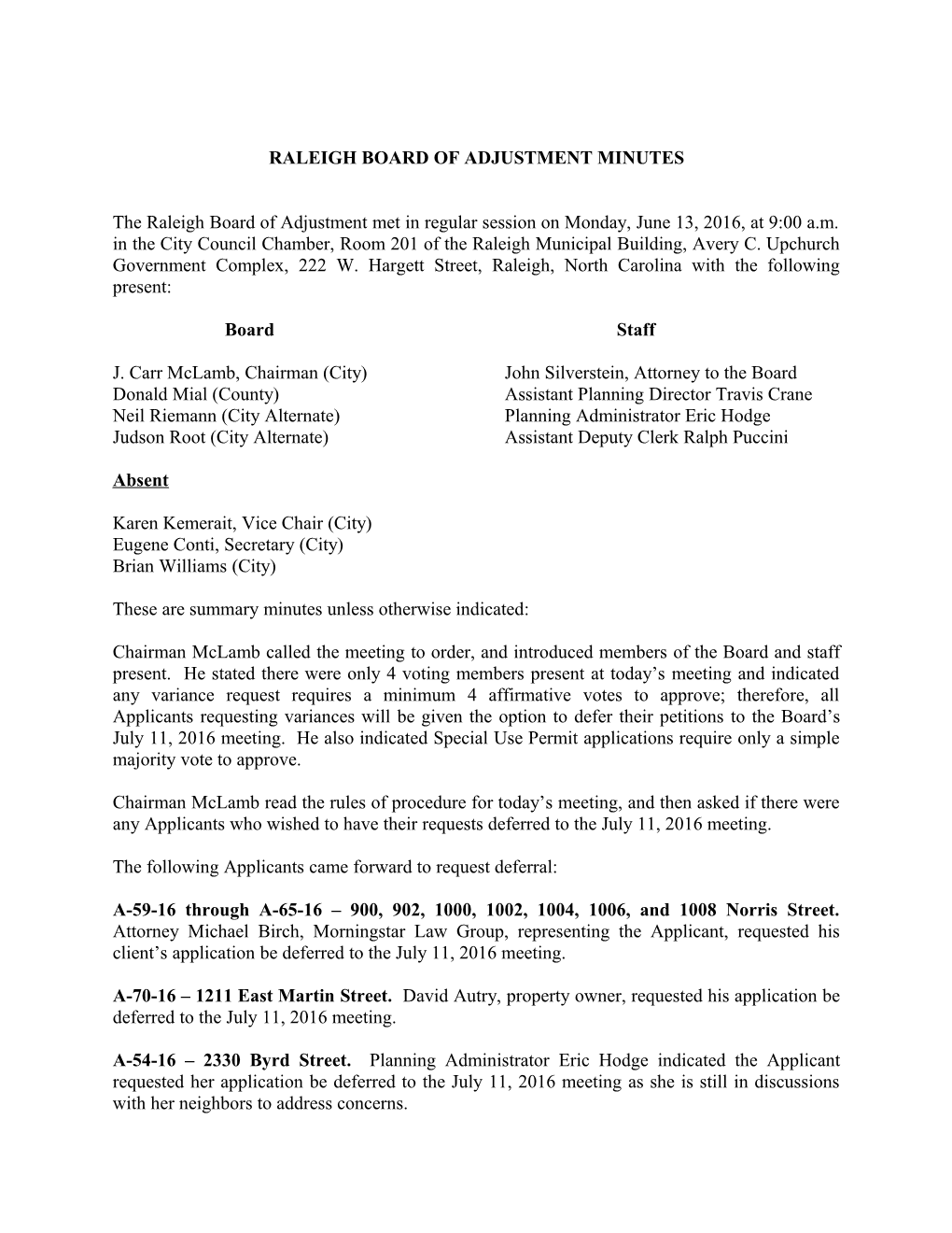 Raleigh Board of Adjustment Minutes - 06/13/2016
