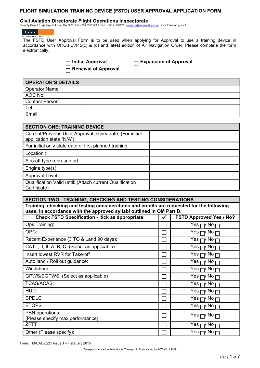 Flight Simulation Training Device (FSTD) Application Form for User Approval