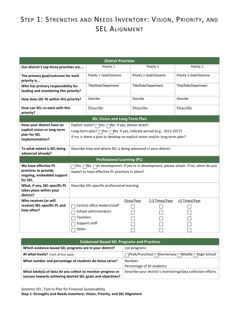 Step 1: Strengths and Needs Inventory: Vision, Priority, and SEL Alignment