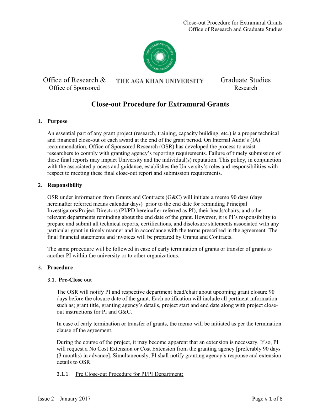 OSR Grant Closeout Procedure and Checklist