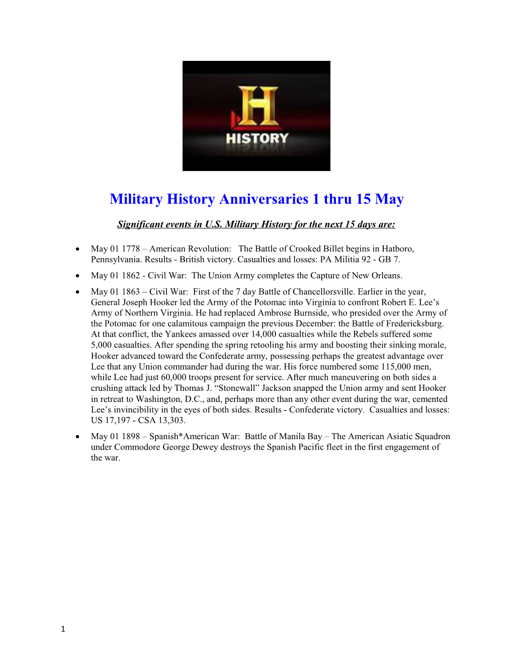 Significant Events in U.S. Military History for the Next 15 Days Are