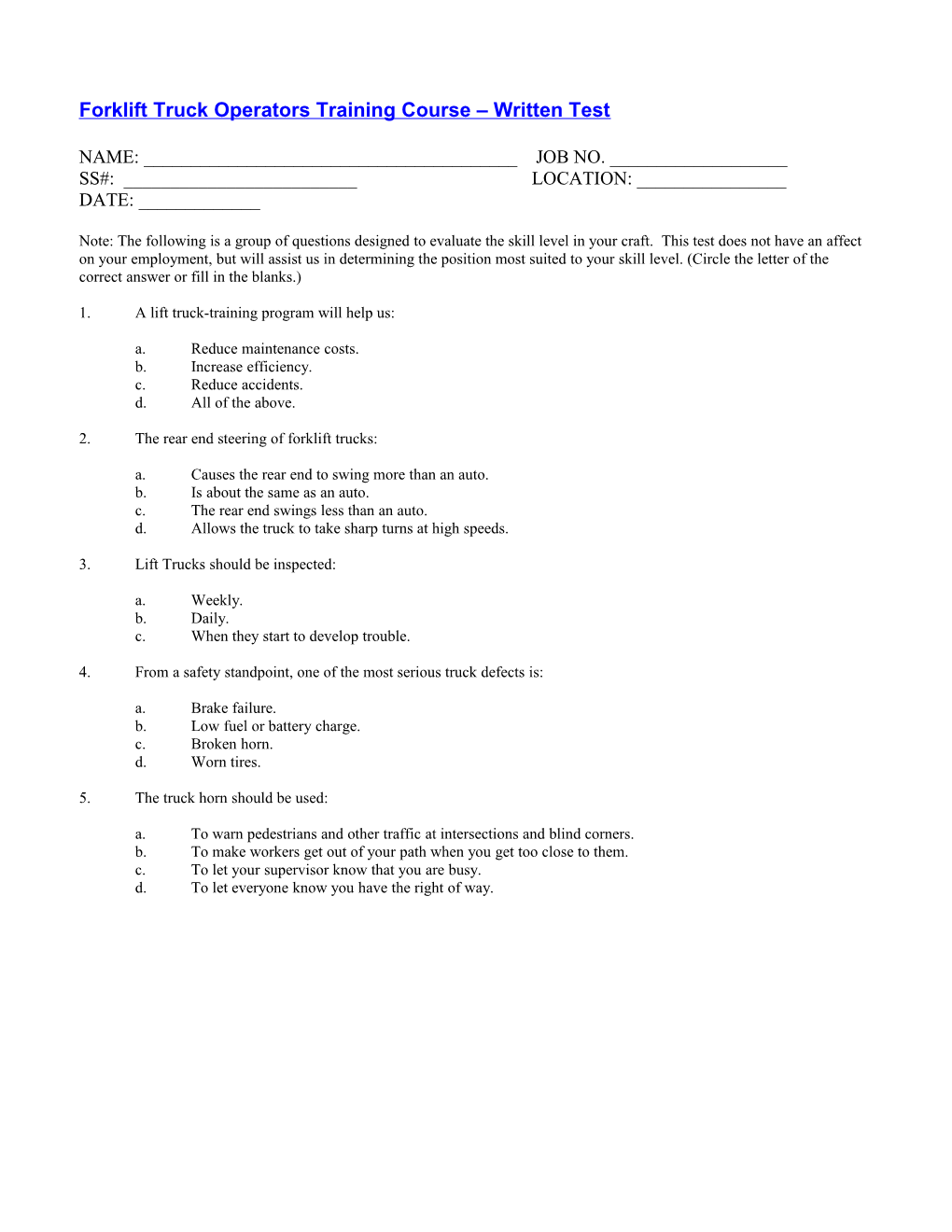 Forklift Truck Operators Training Course Written Test