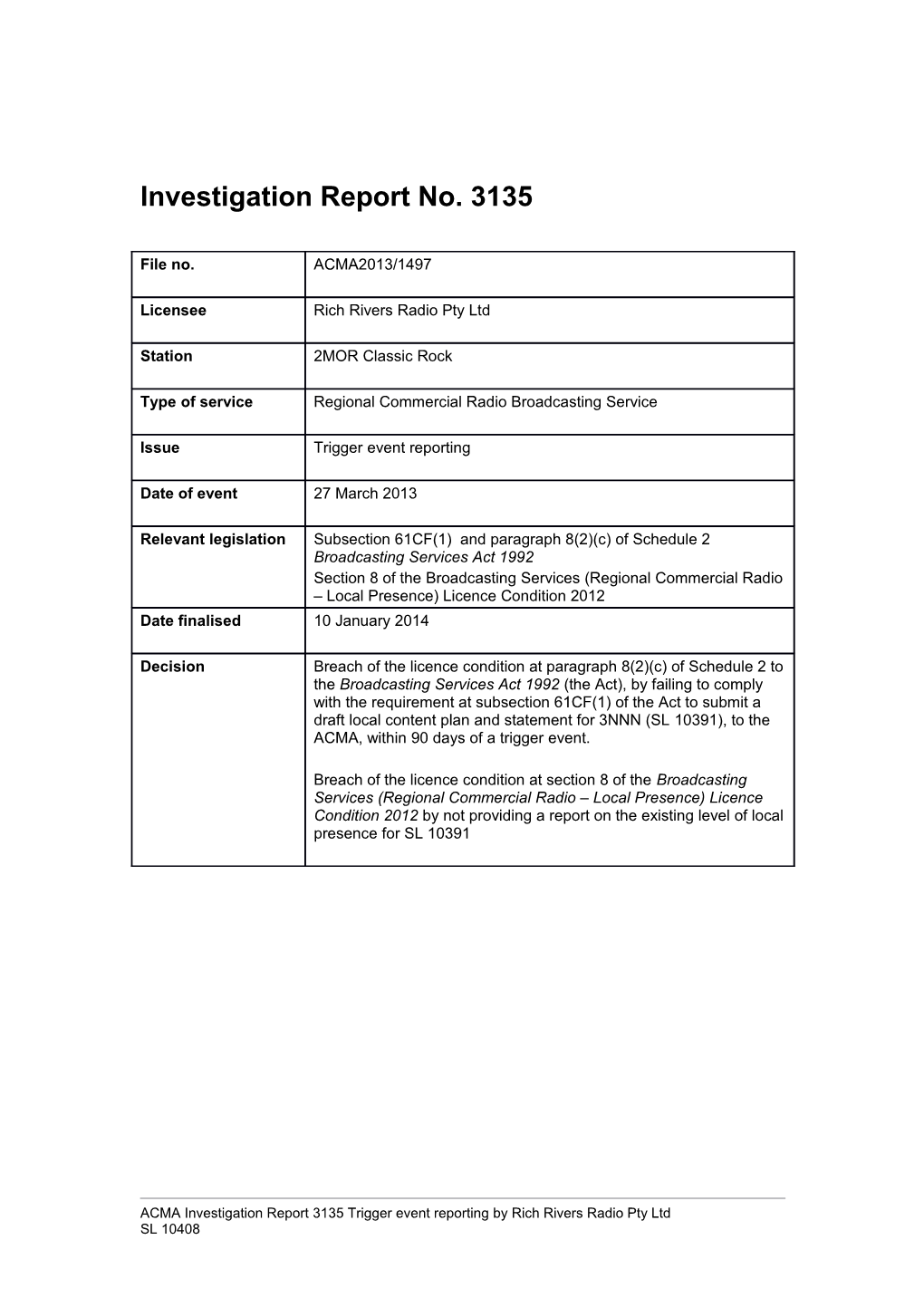 Investigation Report No. 3135
