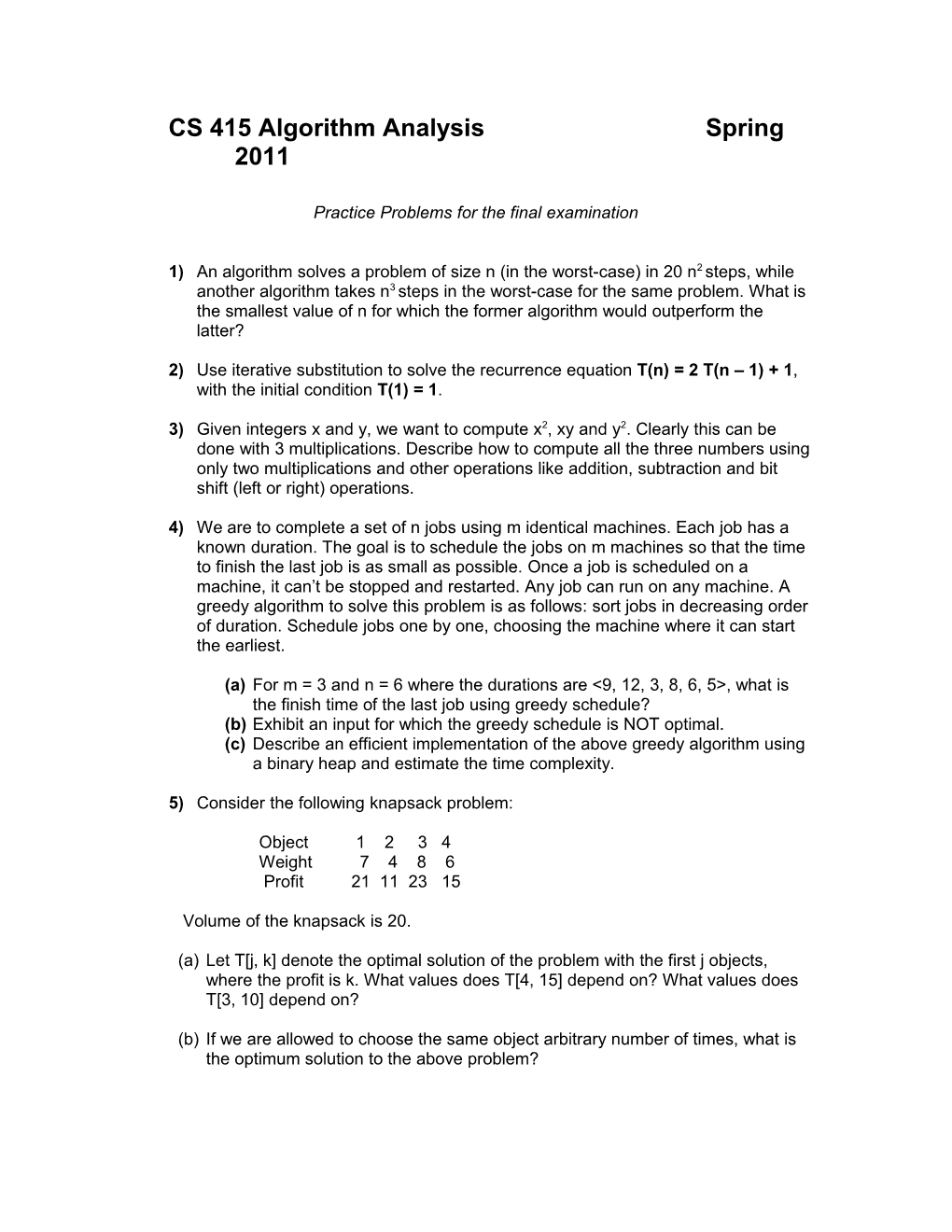 Practice Problems for Mid-Semester Test # 2