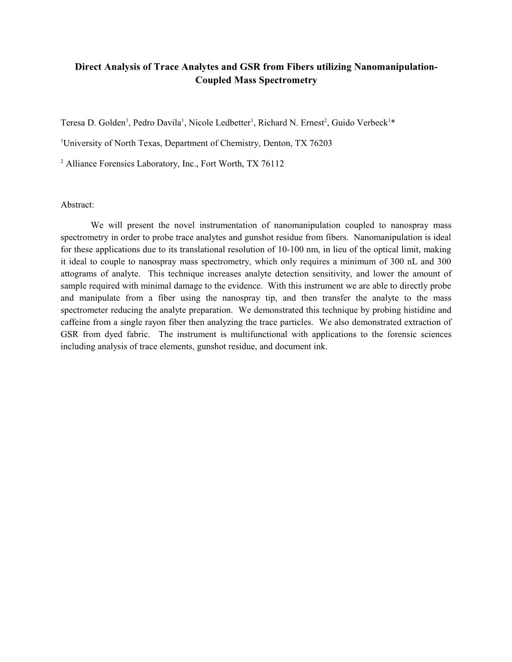 Direct Analysis of Trace an Analytes and GSR from Fibers Utilizing Nanomanipulation-Coupled