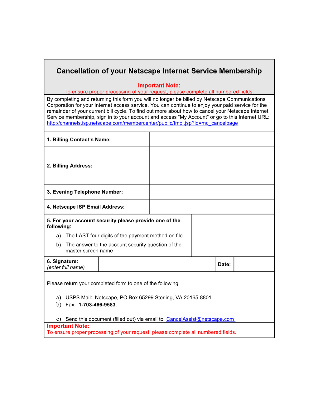 Cancellation of Billing Request Form