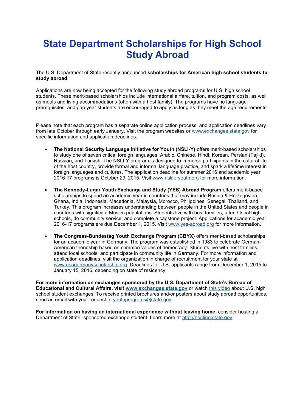 State Department Scholarships for High School Study Abroad