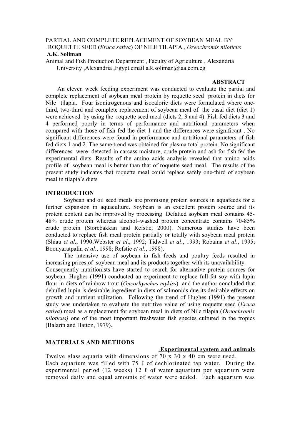 Table 1: Feed Formulation and Proximate Analysis of the Experimental Diets