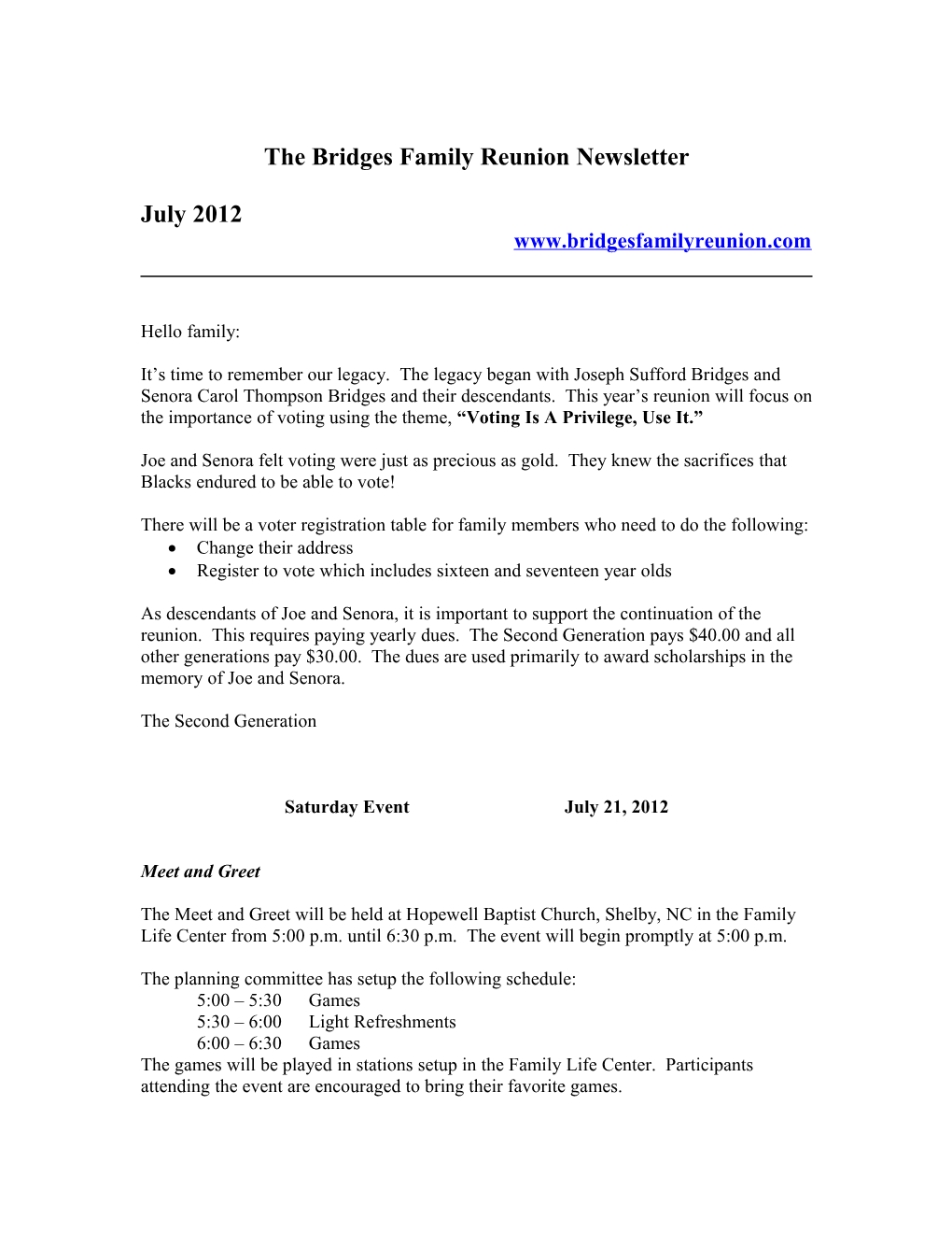The Bridges Family Reunion Newsletter