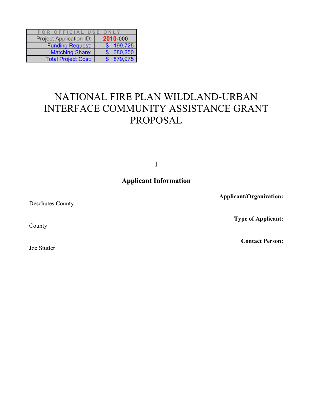 National Fire Plan Wildland-Urban Interface Community Assistance Grant Proposal
