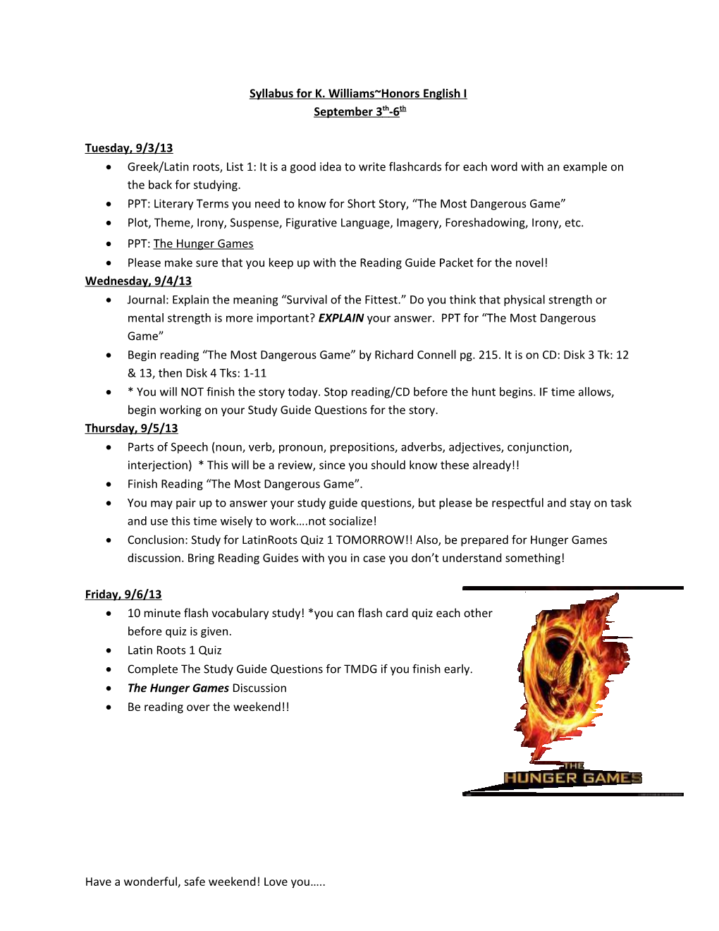 Syllabus for K. Williams Honors English I s1