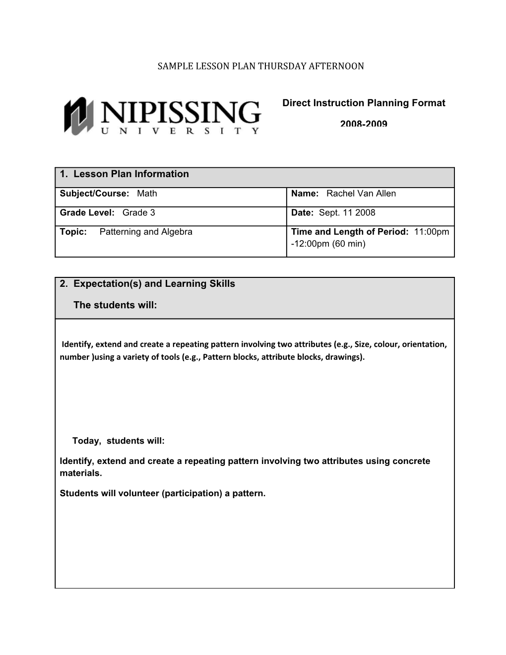 Sample Lesson Plan Thursday Afternoon