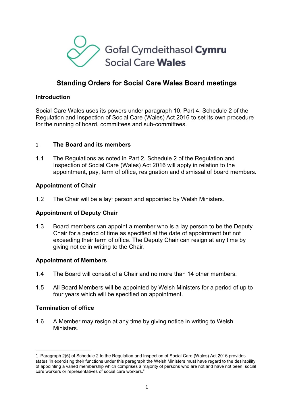 Standing Orders for Social Care Wales Board Meetings