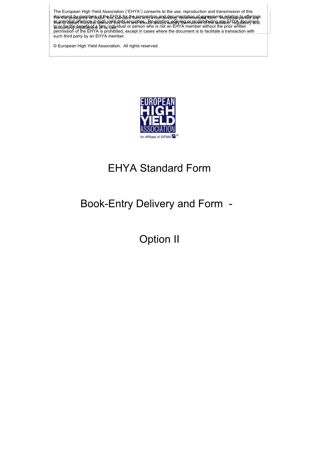 EHYA Standard Form: Book-Entry Delivery &amp; Form - Option II
