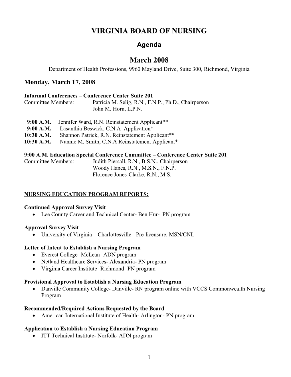 VIRGINIA BOARD of NURSING - March 2008 Agenda