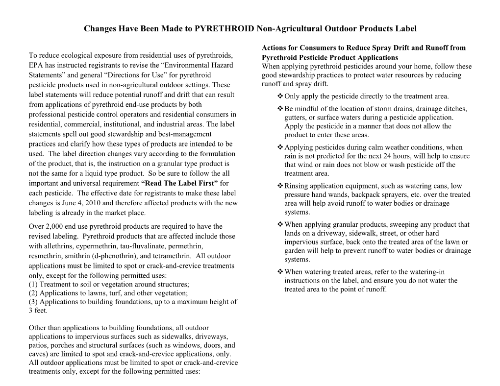 Actions for Consumers to Reduce Spray Drift and Runoff from Pyrethroid Pesticide Product