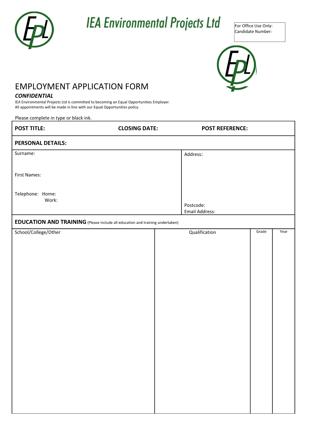 Employment Application Form (General)