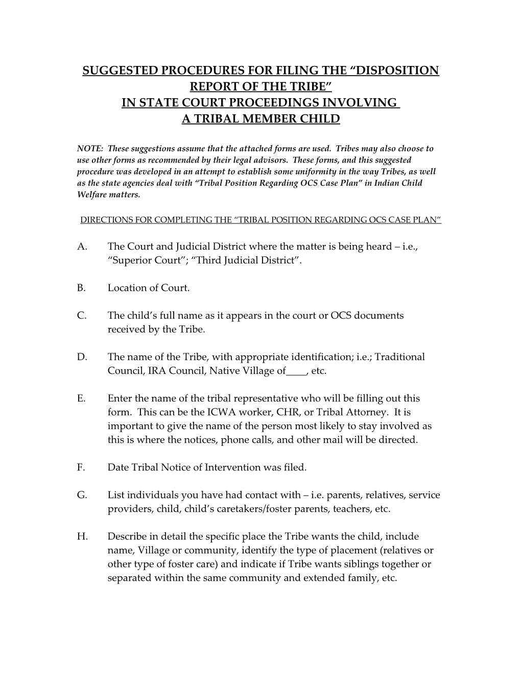 Suggested Procedures for Filing the Tribal Position Regarding Ocs Case Plan