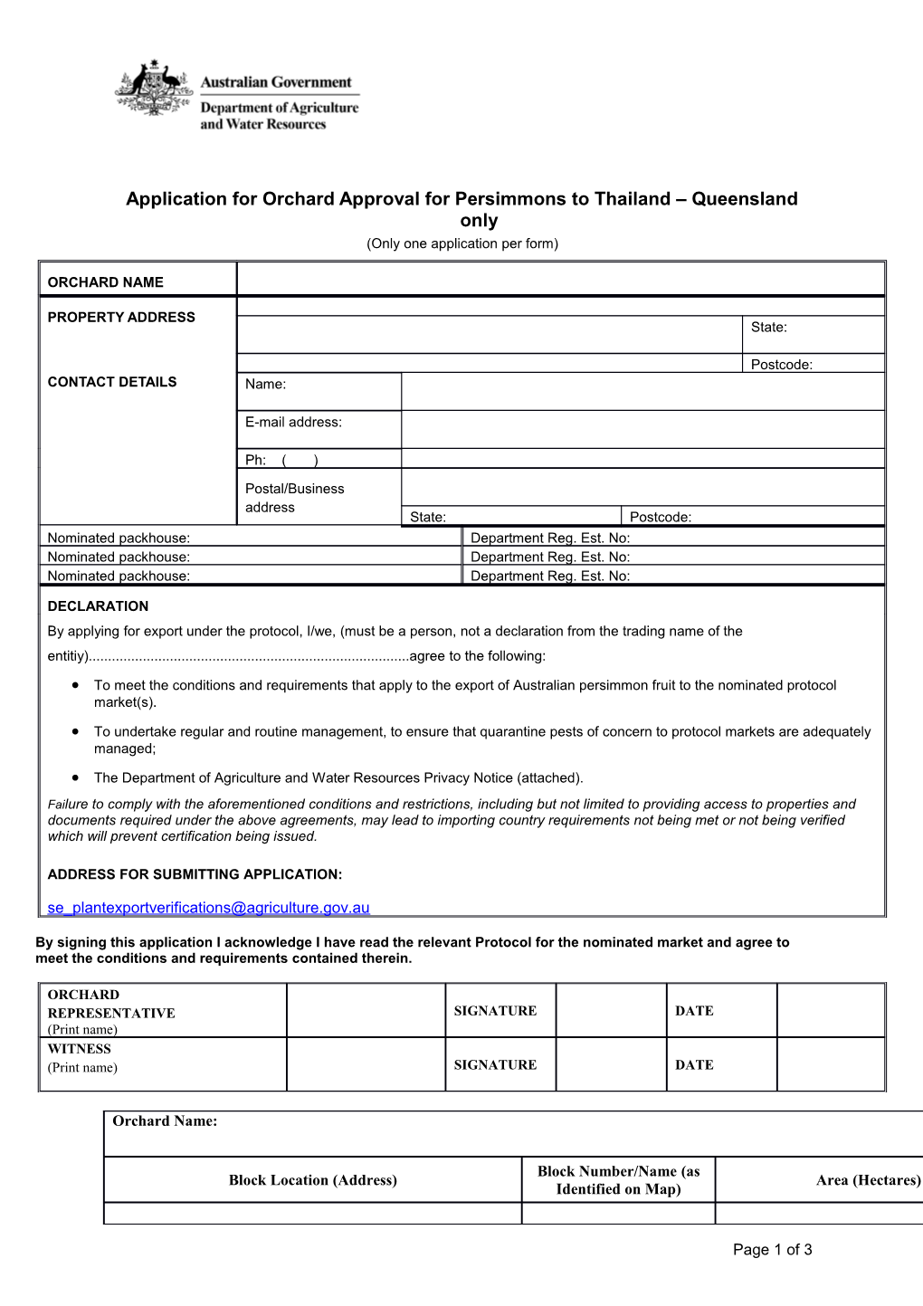 Application for Orchard Approval for Persimmons to Thailand Queensland Only