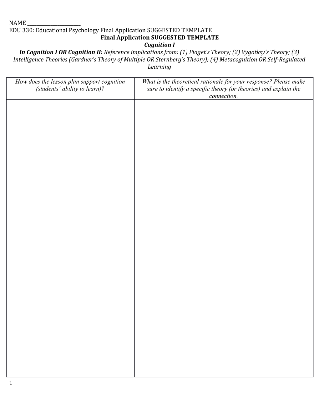 EDU 330: Educational Psychology Final Application SUGGESTED TEMPLATE