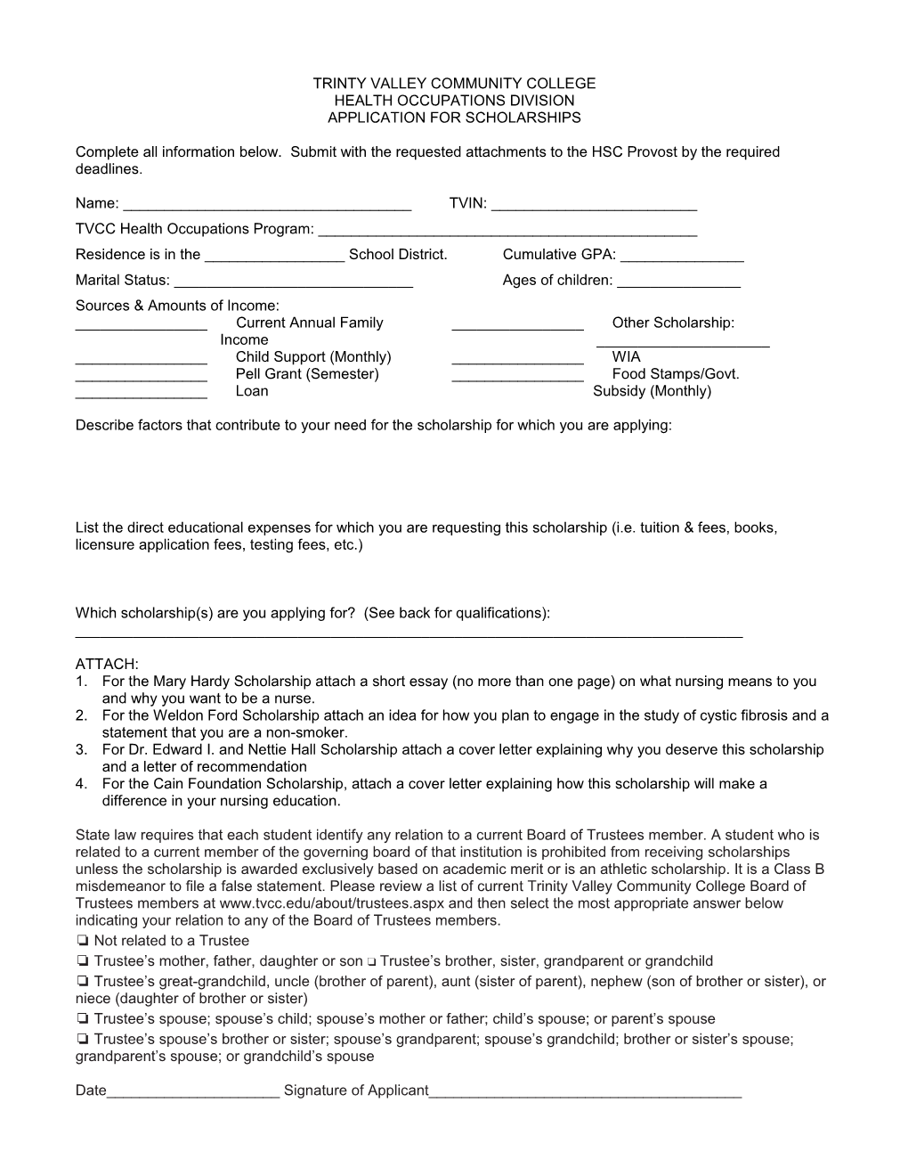 Application for Henderson County Hospital Memorial Fund Scholarship