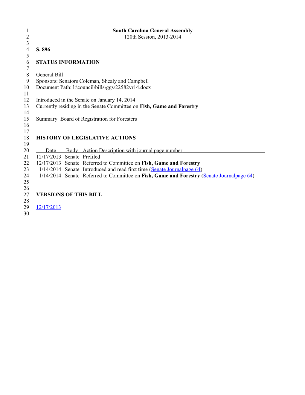 2013-2014 Bill 896: Board of Registration for Foresters - South Carolina Legislature Online