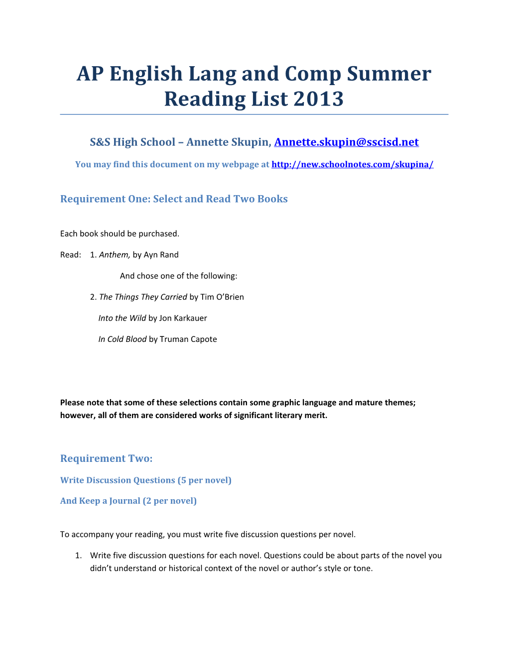 AP English Lang and Comp Summer Reading List 2013