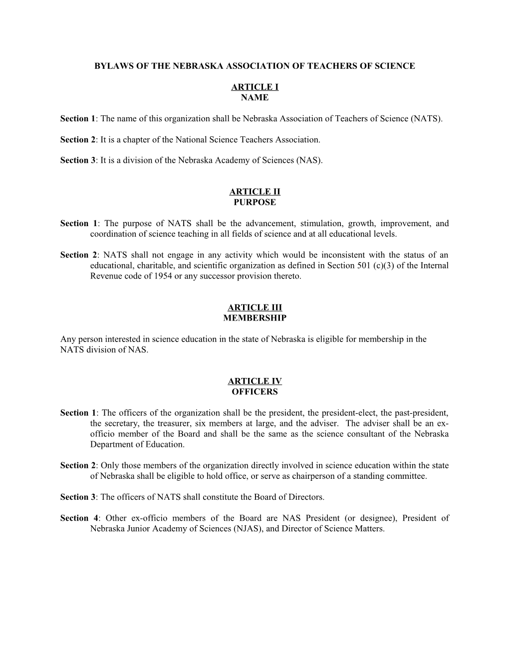 Bylaws of the Nebraska Association of Teachers of Science