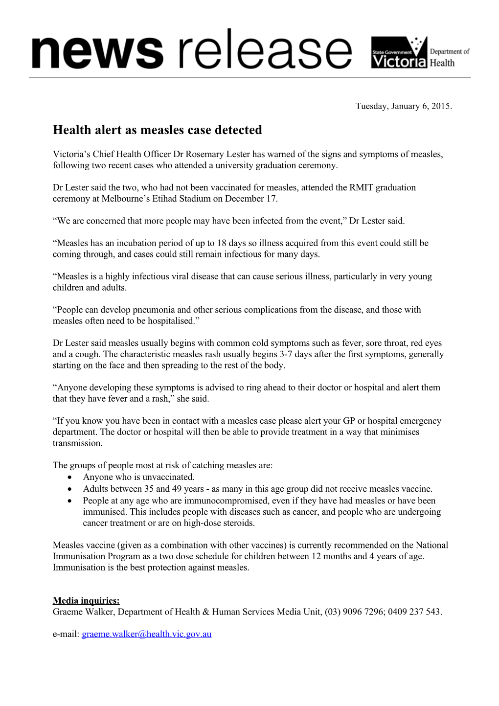 Health Alert As Measles Case Detected