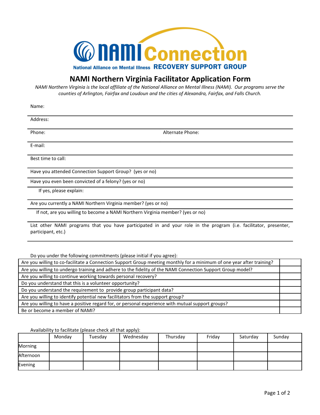 NAMI Northern Virginia Facilitator Application Form