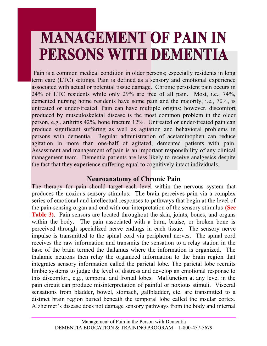 Management of Pain in Persons with Dementia