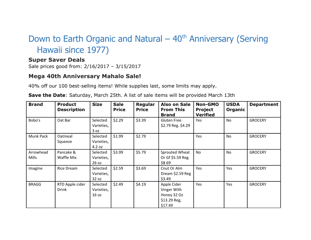 Down to Earth Organic and Natural 40Th Anniversary (Serving Hawaii Since 1977)