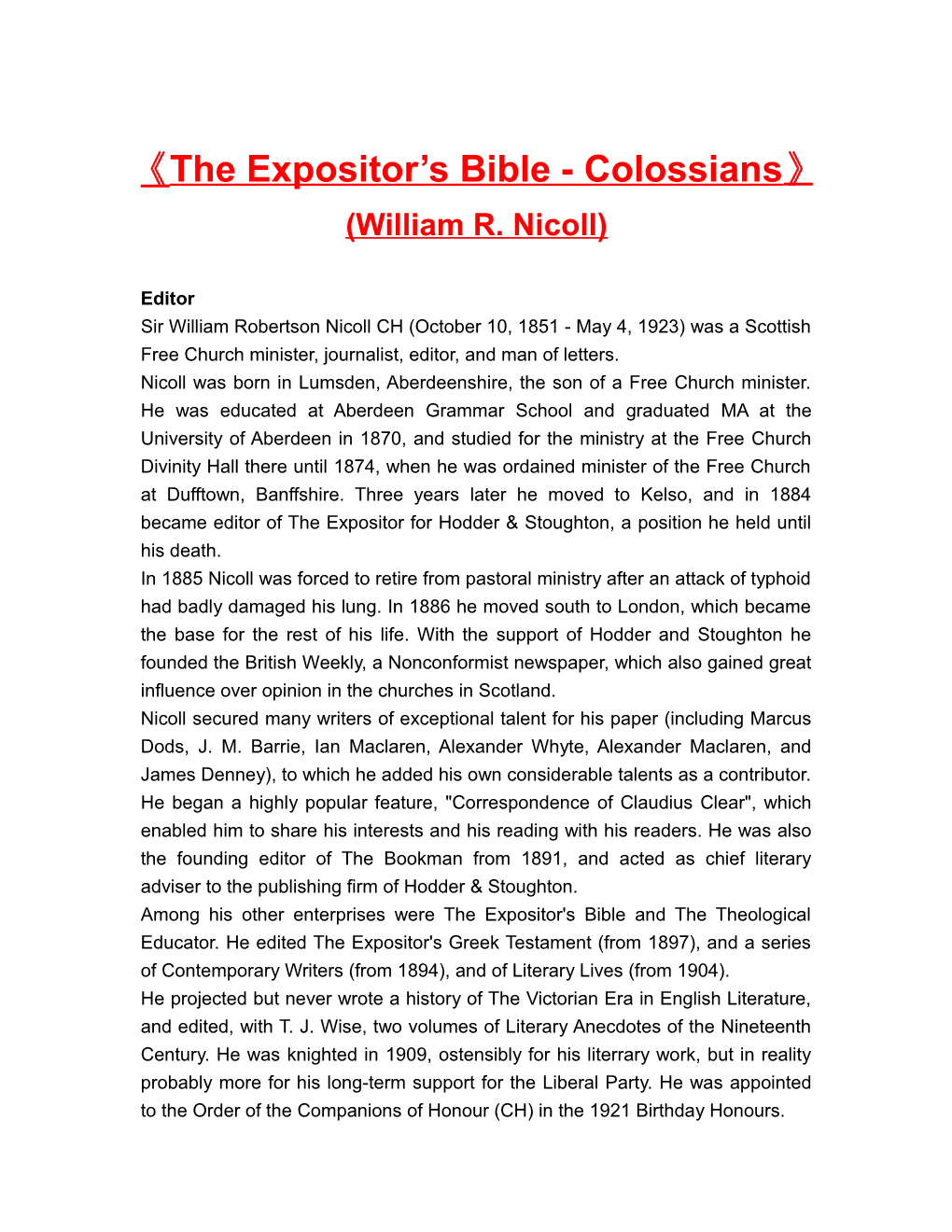 The Expositor S Bible - Colossians (William R. Nicoll)
